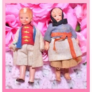 4” Hertwig German Japan Miniature Doll Ethnic Hessian Painted Bisque Antique Set